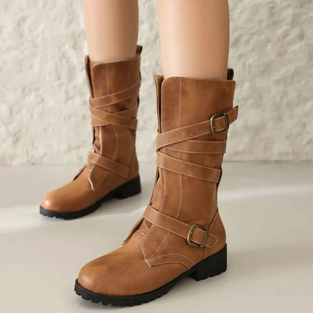 Merendy Haneen Round toe Platform low heel Retro knee High Wide-Calf Boots