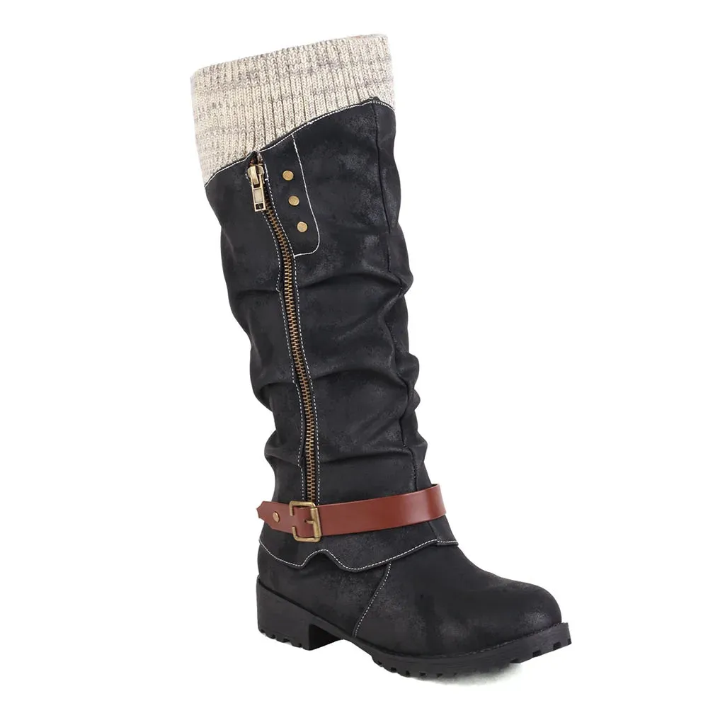 Merendy Haneen Round toe Platform low heel Retro knee High Wide-Calf Boots