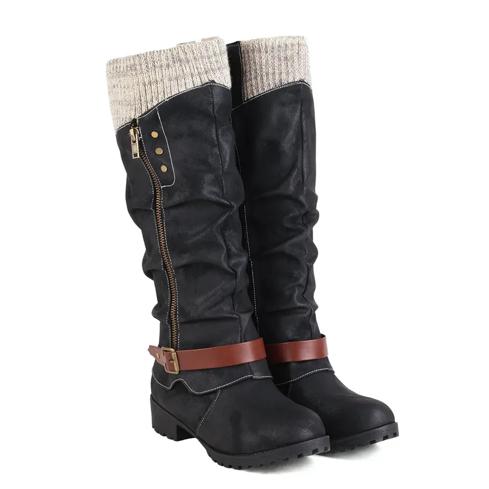 Merendy Haneen Round toe Platform low heel Retro knee High Wide-Calf Boots