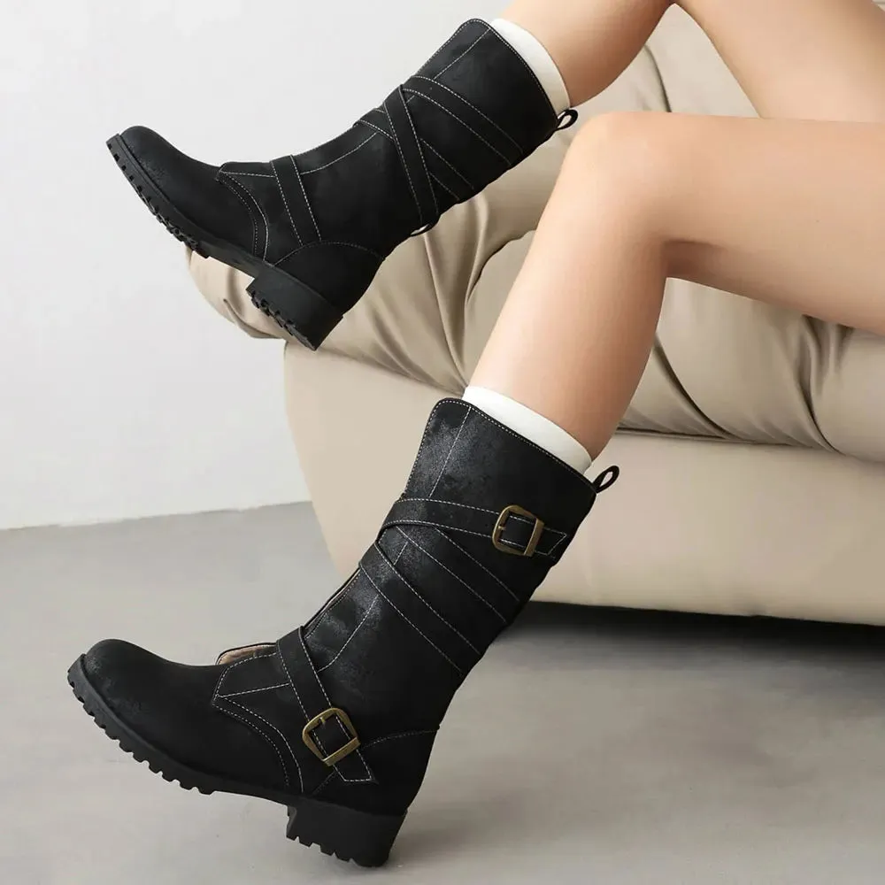 Merendy Haneen Round toe Platform low heel Retro knee High Wide-Calf Boots