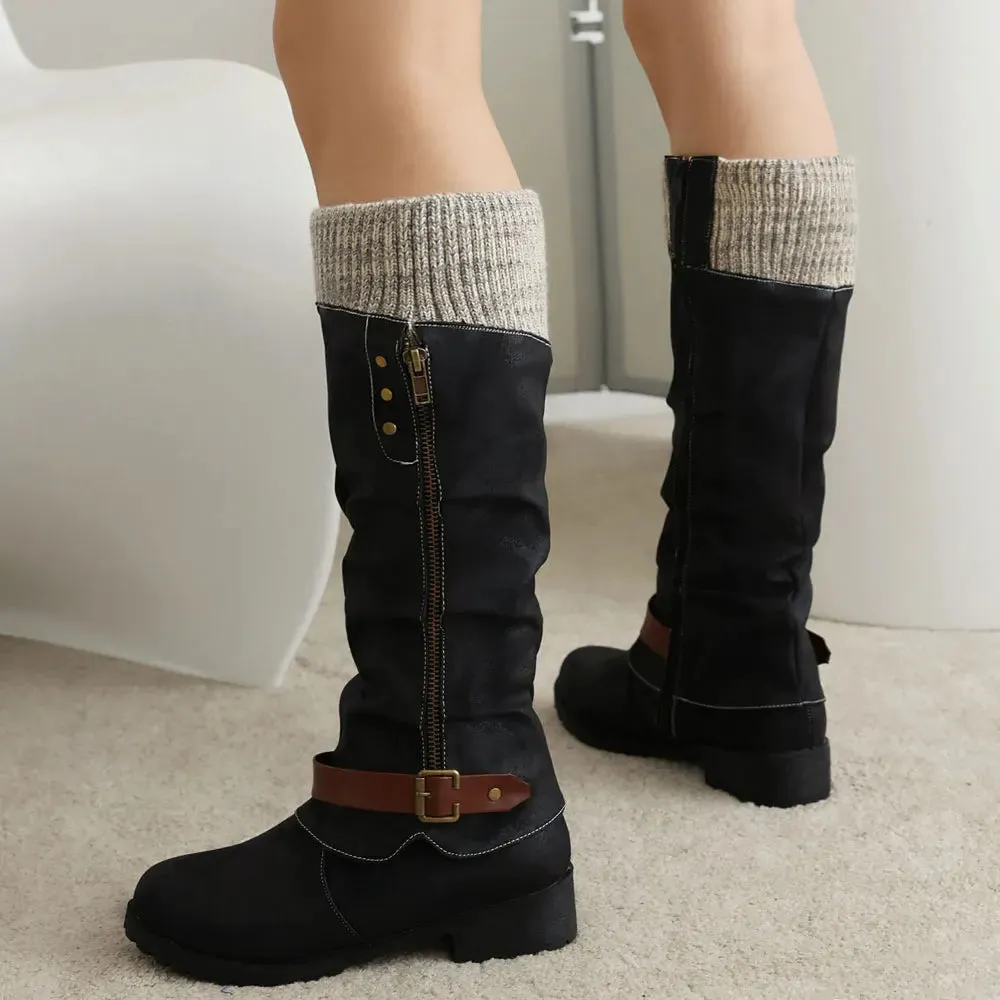 Merendy Haneen Round toe Platform low heel Retro knee High Wide-Calf Boots