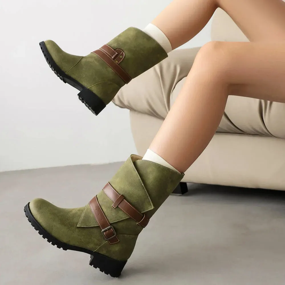 Merendy Haneen Round toe Platform low heel Retro knee High Wide-Calf Boots