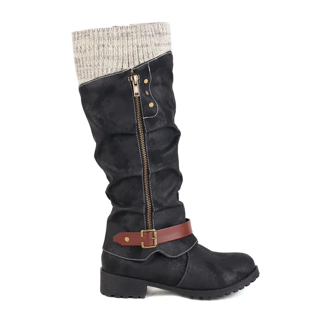 Merendy Haneen Round toe Platform low heel Retro knee High Wide-Calf Boots
