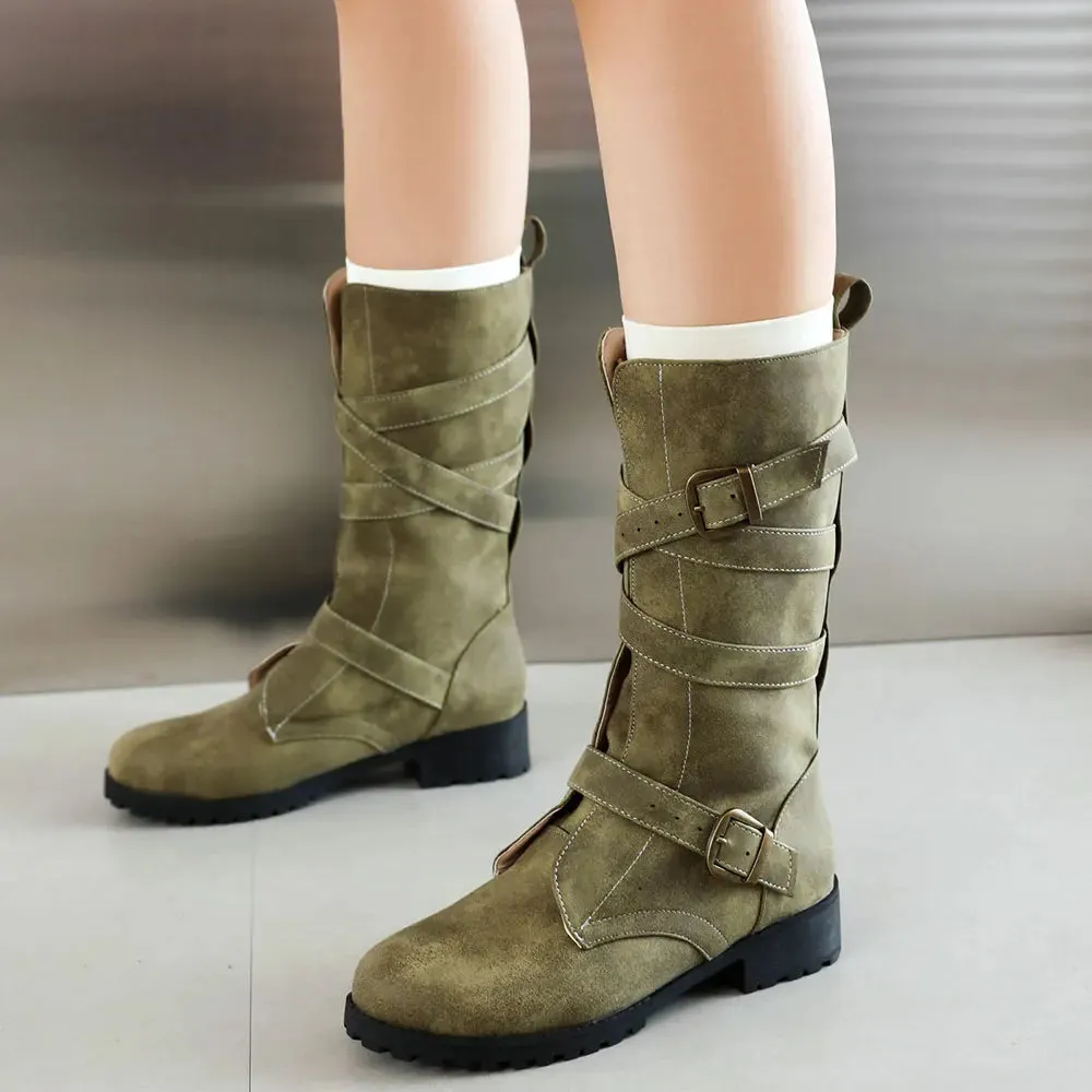 Merendy Haneen Round toe Platform low heel Retro knee High Wide-Calf Boots