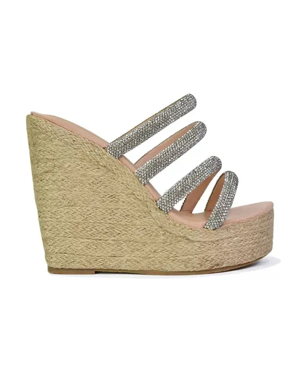 Nalini Diamante Strappy Platform Sandal Wedge Heels in Silver