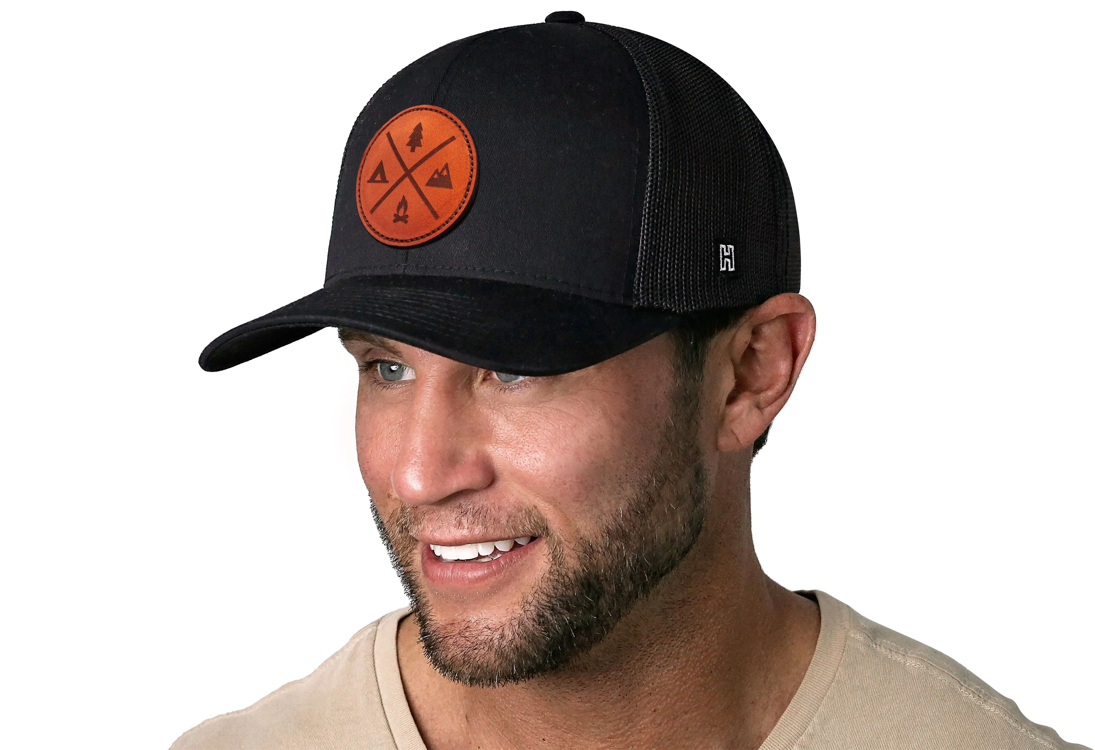 Outdoor X Trucker Hat Leather  |  Black Camping Snapback