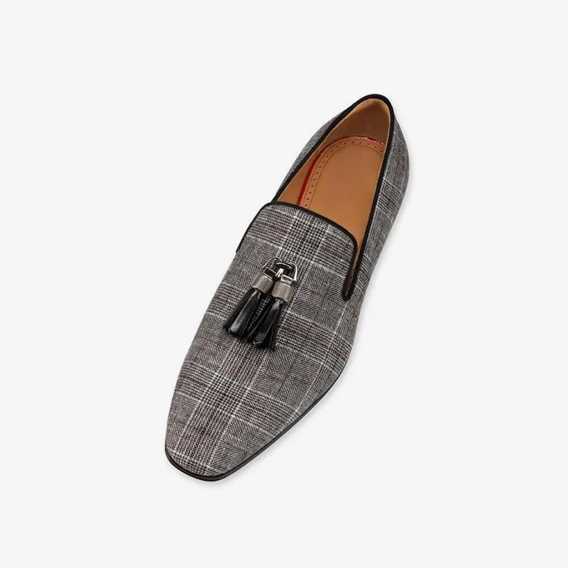 Plaid Men Loafers Metal Tassel Shoes Calf
