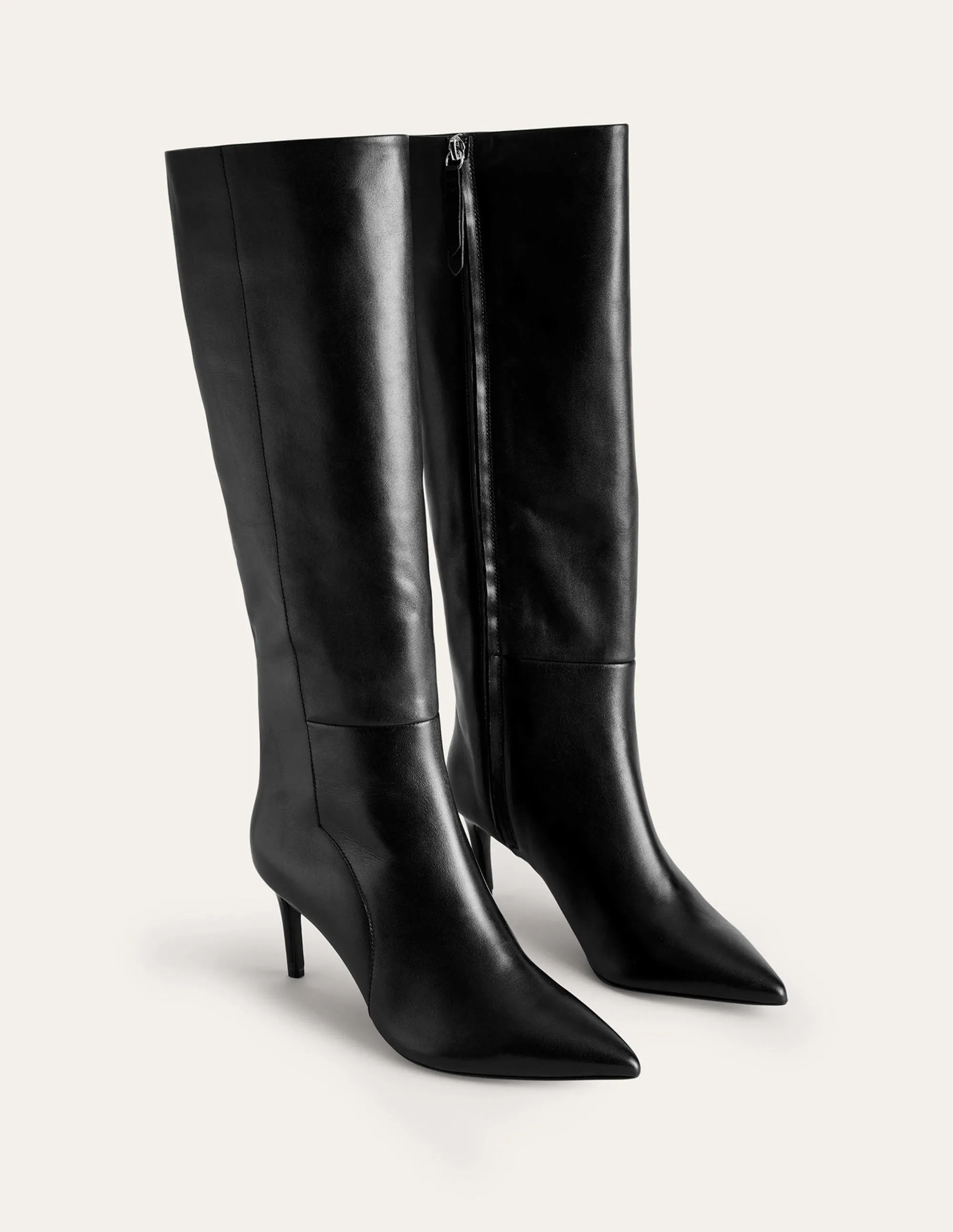 Pointed-Toe Knee-High Boots-Black Leather