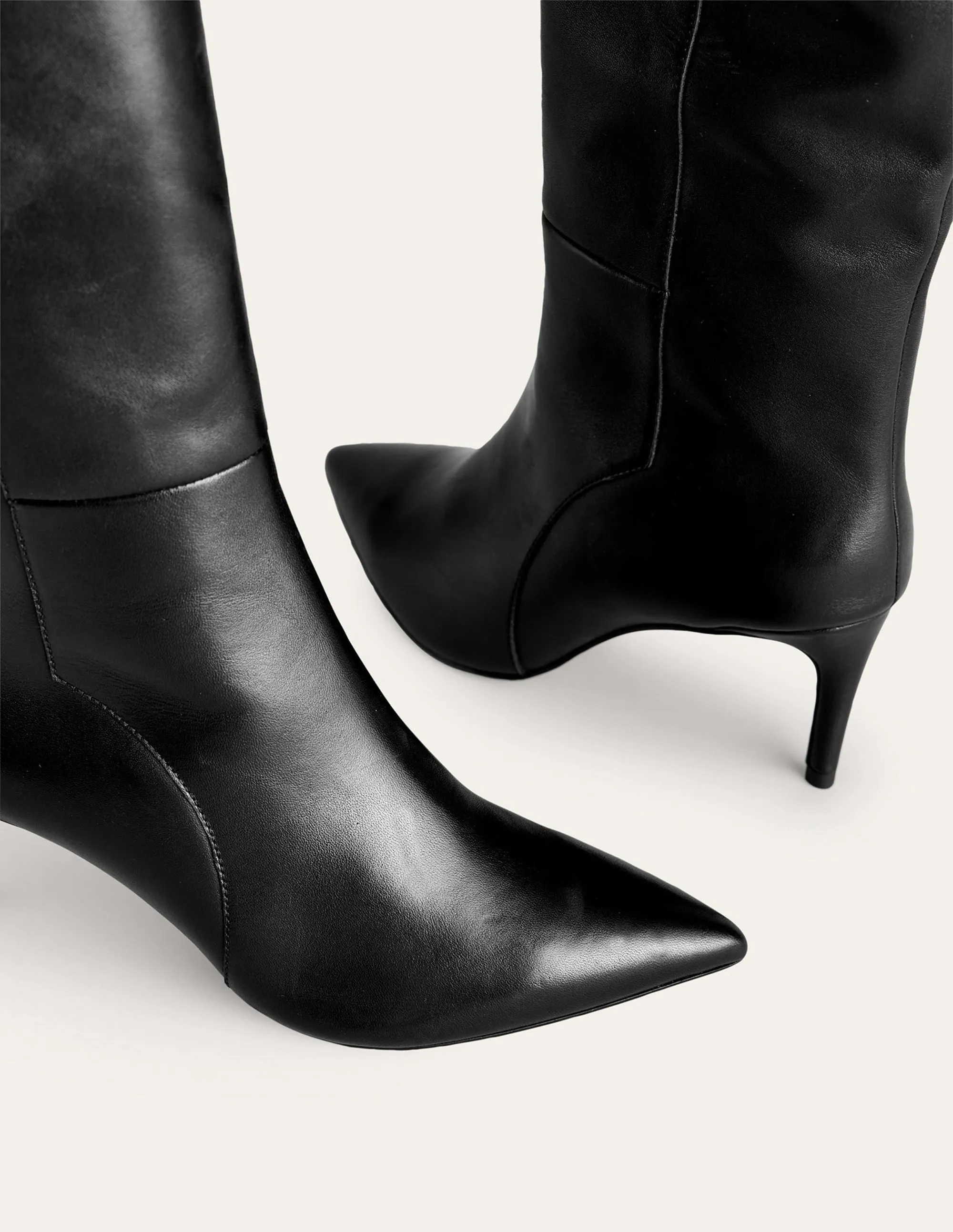 Pointed-Toe Knee-High Boots-Black Leather