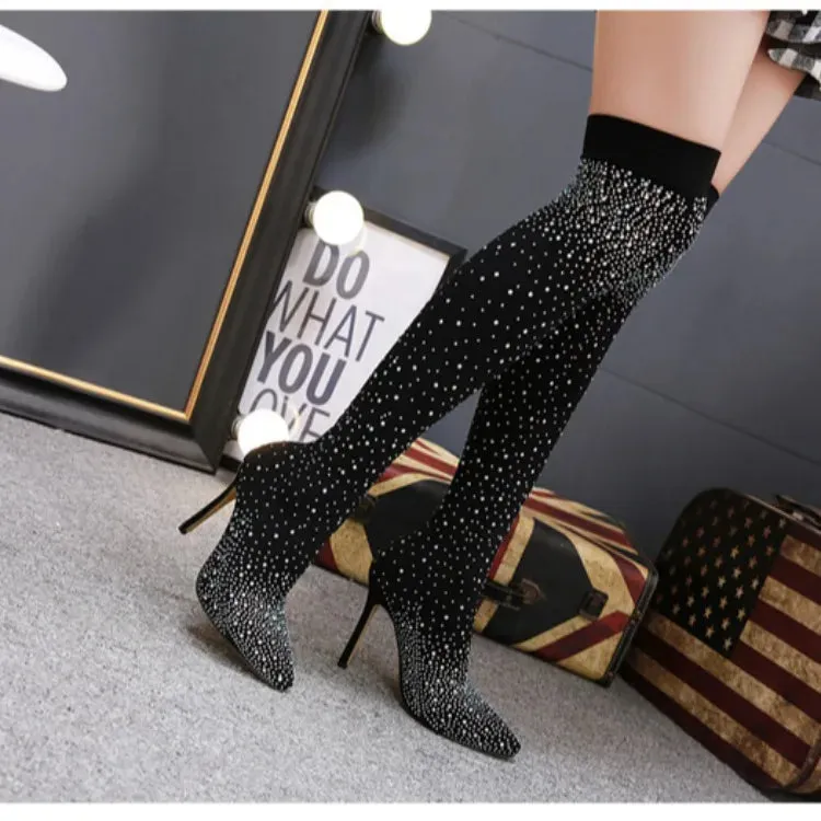 Popular Over The Knee High Thigh Sock Boots  
Crystal/Diamond High Heels