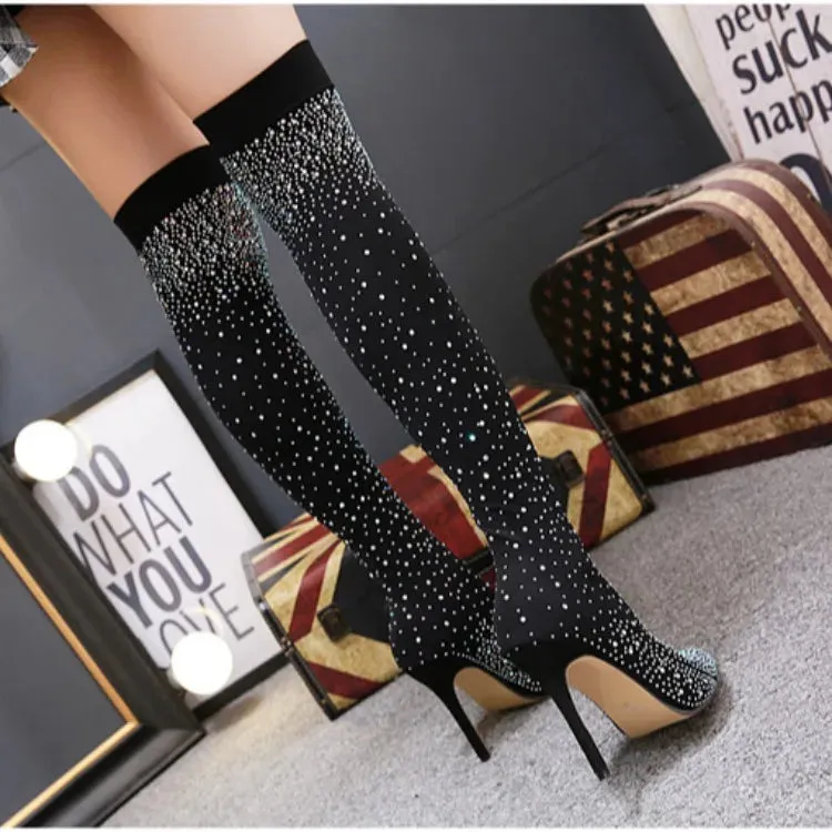 Popular Over The Knee High Thigh Sock Boots  
Crystal/Diamond High Heels