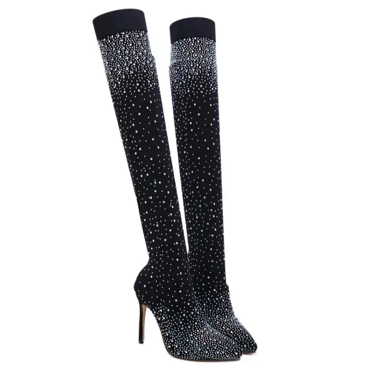 Popular Over The Knee High Thigh Sock Boots  
Crystal/Diamond High Heels
