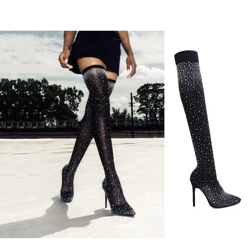 Popular Over The Knee High Thigh Sock Boots  
Crystal/Diamond High Heels