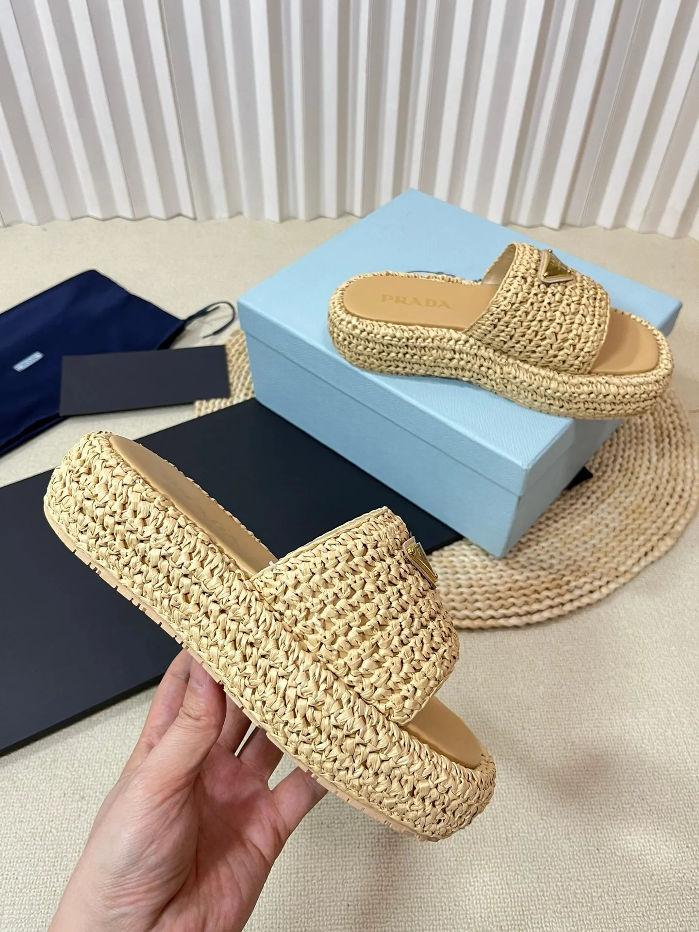 PRA CROCHET FLATFORM SLIDES BEIGE RAFFIA
