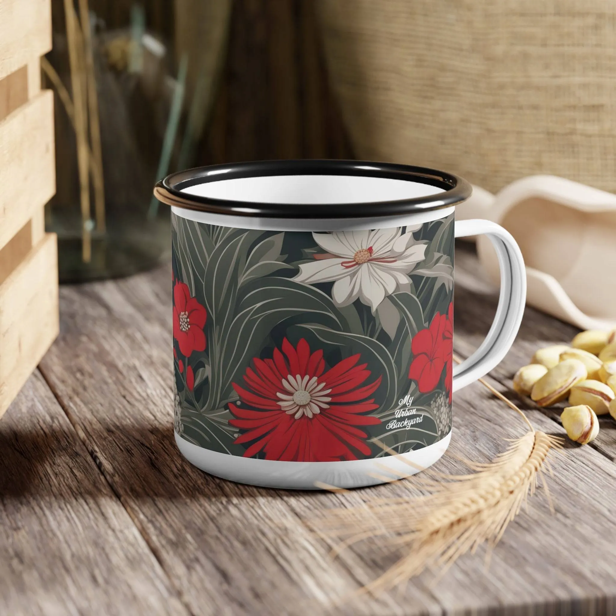 Red & White Flowers, Enamel Camping Mug for Coffee, Tea, Cocoa, or Cereal - 12oz