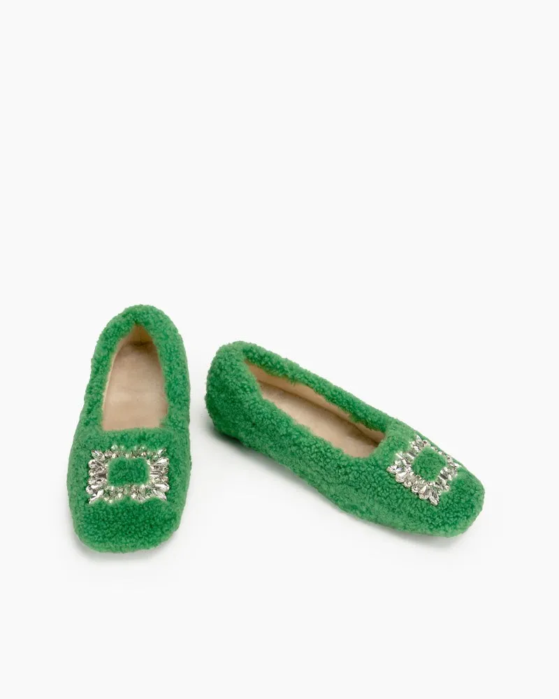 Rhinestone Square Buckle Fuzzy Slip On Slippers Loafers