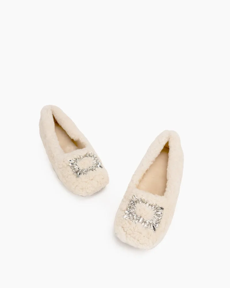 Rhinestone Square Buckle Fuzzy Slip On Slippers Loafers