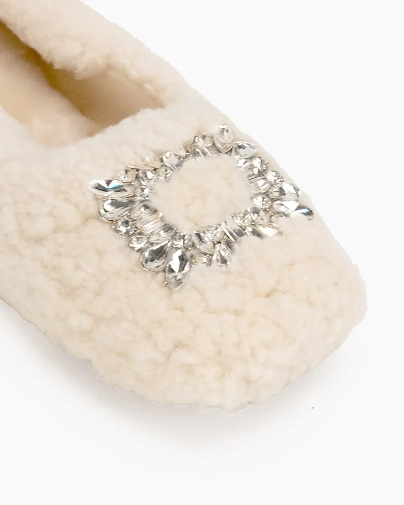 Rhinestone Square Buckle Fuzzy Slip On Slippers Loafers