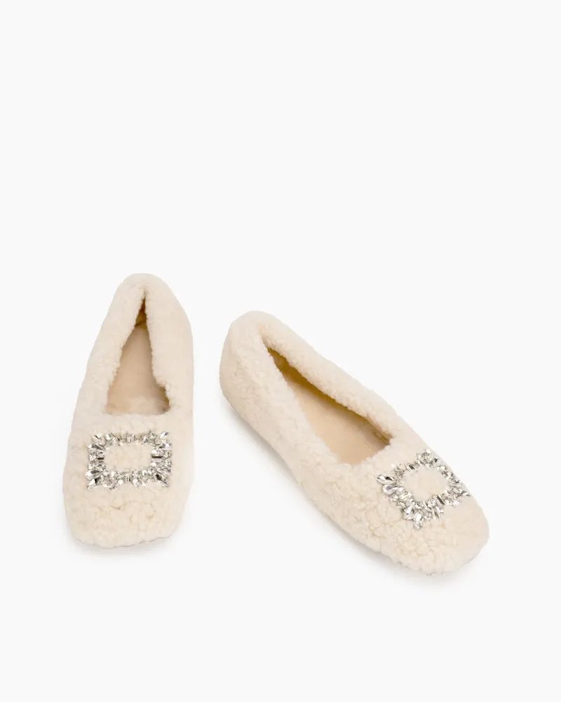 Rhinestone Square Buckle Fuzzy Slip On Slippers Loafers