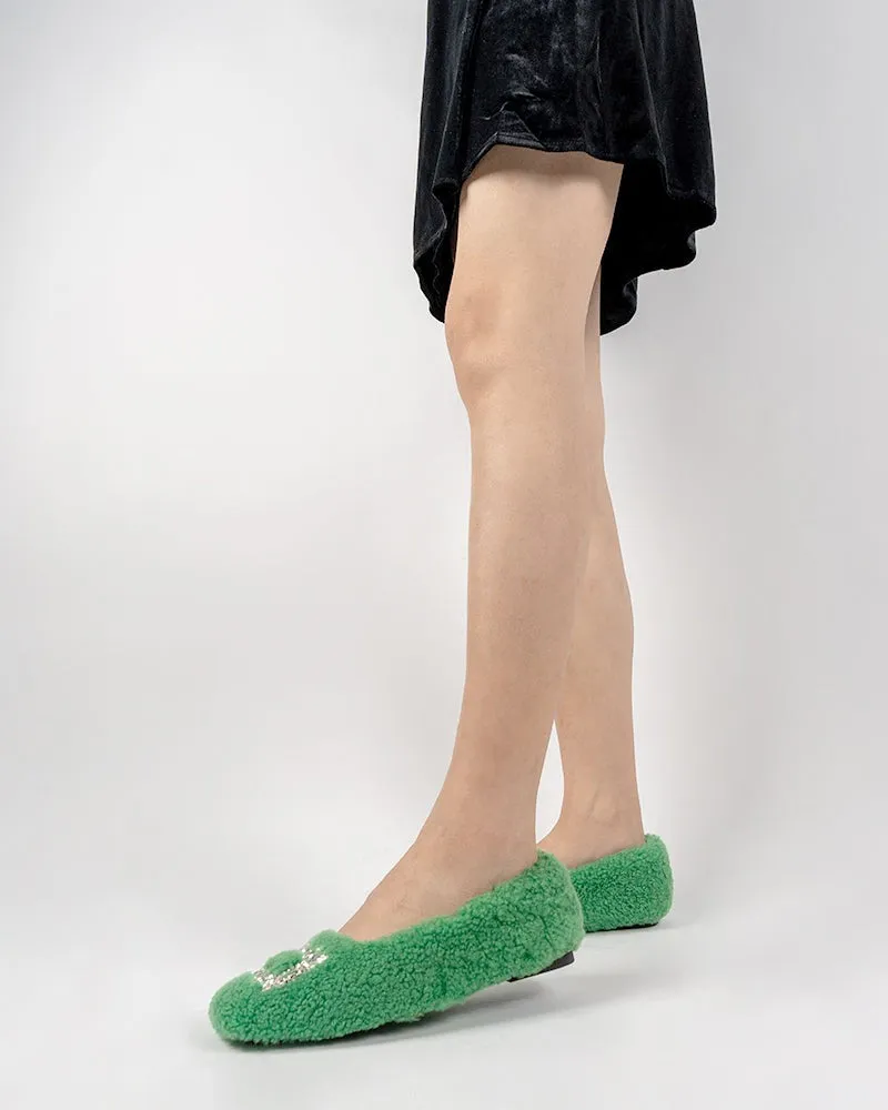 Rhinestone Square Buckle Fuzzy Slip On Slippers Loafers