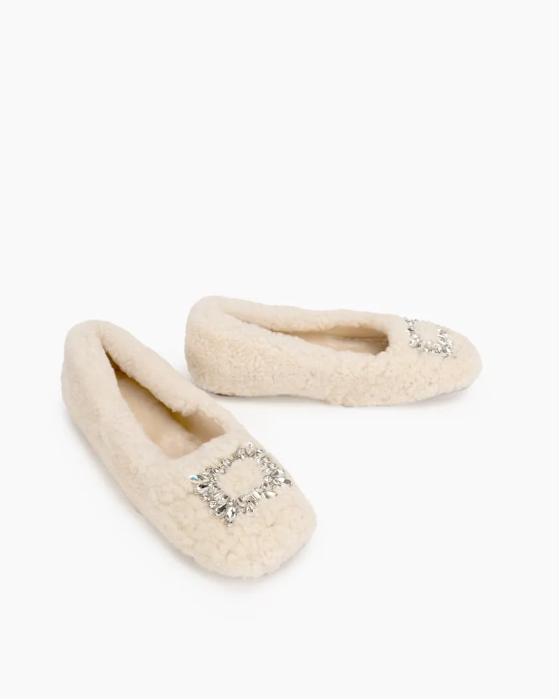 Rhinestone Square Buckle Fuzzy Slip On Slippers Loafers