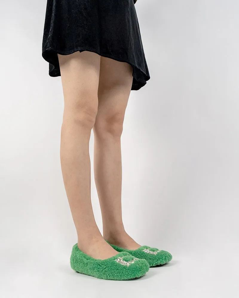 Rhinestone Square Buckle Fuzzy Slip On Slippers Loafers