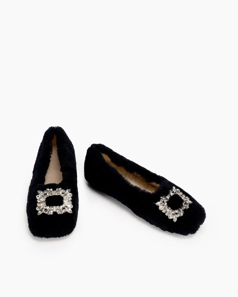 Rhinestone Square Buckle Fuzzy Slip On Slippers Loafers