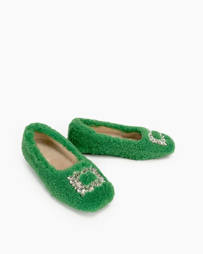 Rhinestone Square Buckle Fuzzy Slip On Slippers Loafers