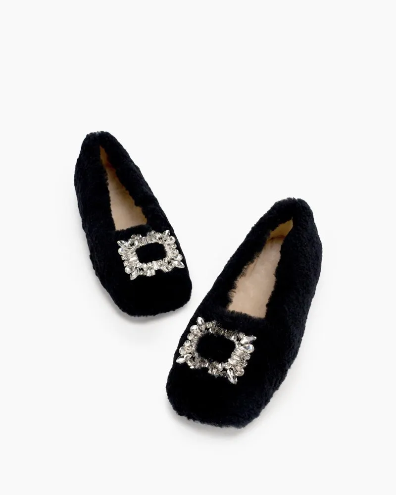 Rhinestone Square Buckle Fuzzy Slip On Slippers Loafers