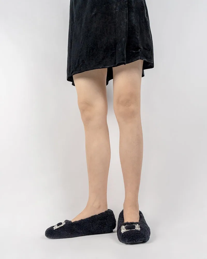 Rhinestone Square Buckle Fuzzy Slip On Slippers Loafers