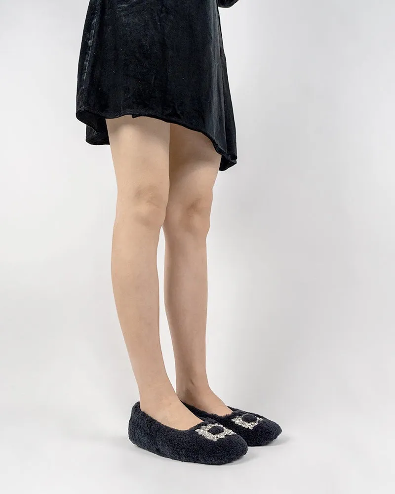 Rhinestone Square Buckle Fuzzy Slip On Slippers Loafers