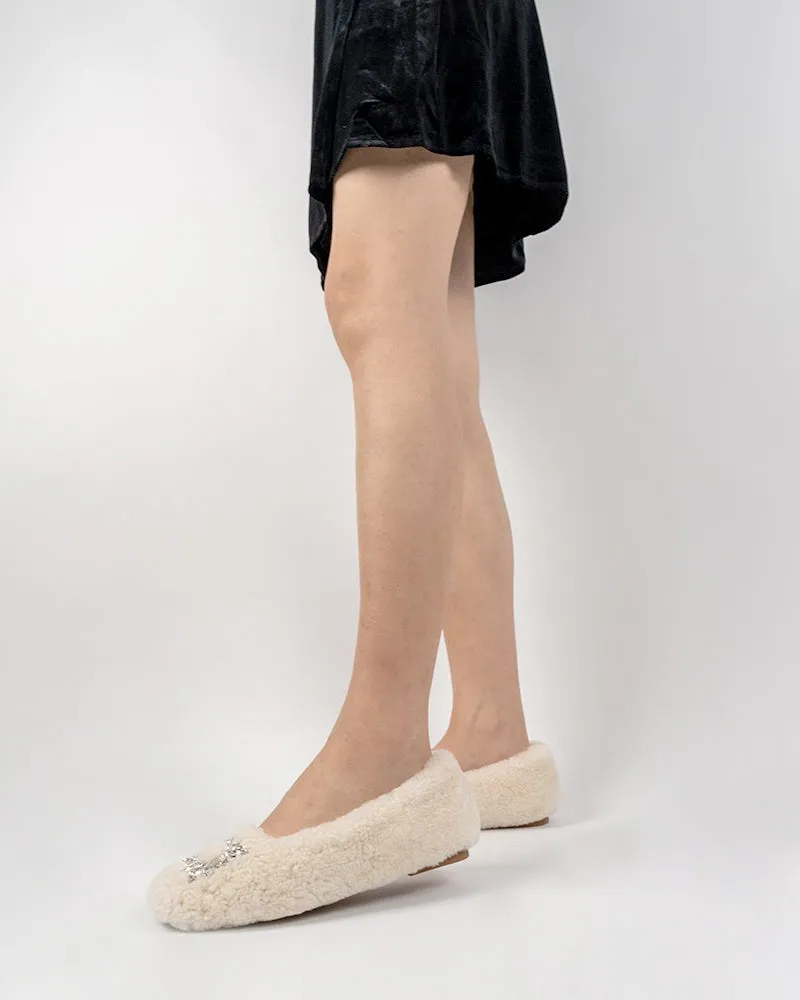 Rhinestone Square Buckle Fuzzy Slip On Slippers Loafers