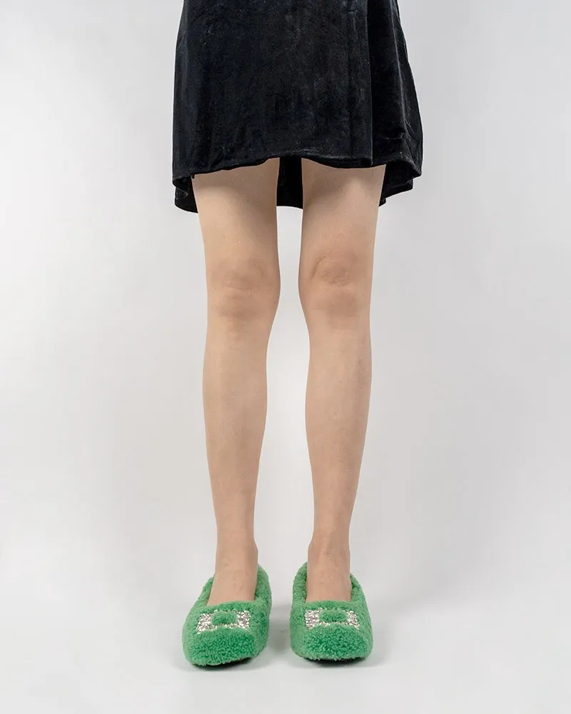 Rhinestone Square Buckle Fuzzy Slip On Slippers Loafers
