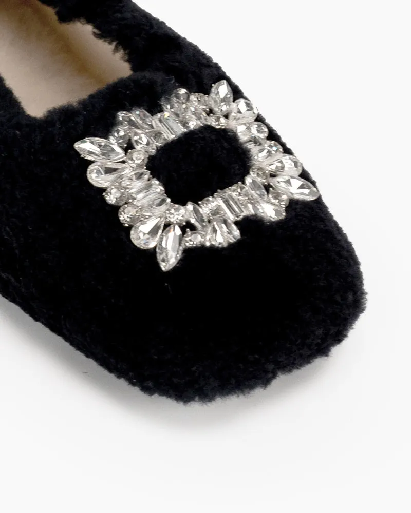 Rhinestone Square Buckle Fuzzy Slip On Slippers Loafers