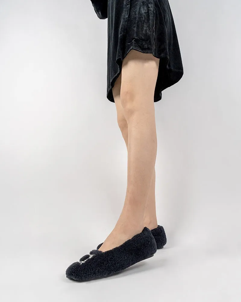 Rhinestone Square Buckle Fuzzy Slip On Slippers Loafers