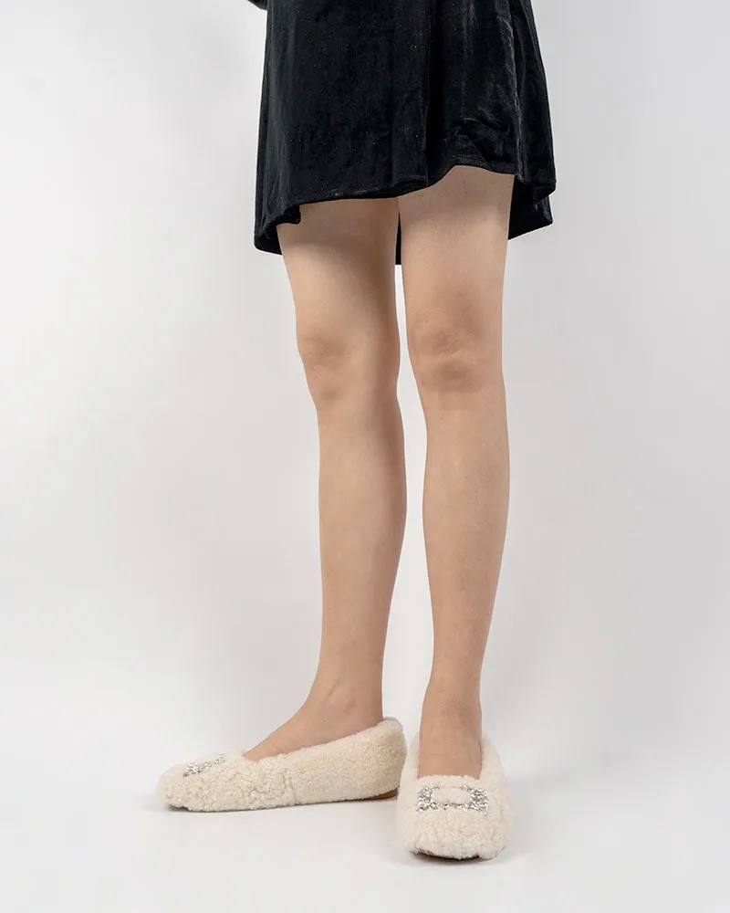 Rhinestone Square Buckle Fuzzy Slip On Slippers Loafers