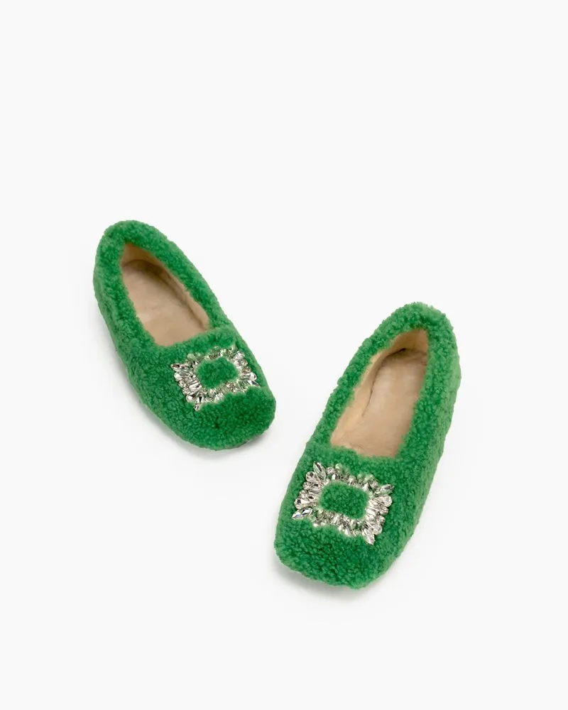 Rhinestone Square Buckle Fuzzy Slip On Slippers Loafers