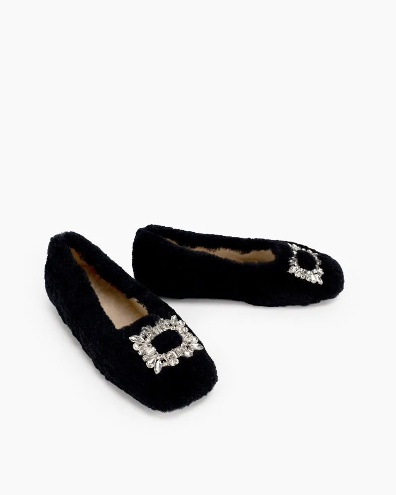 Rhinestone Square Buckle Fuzzy Slip On Slippers Loafers