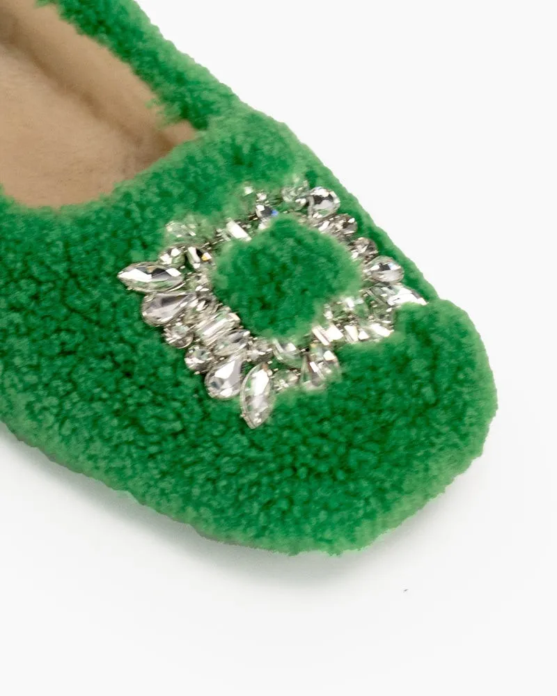 Rhinestone Square Buckle Fuzzy Slip On Slippers Loafers