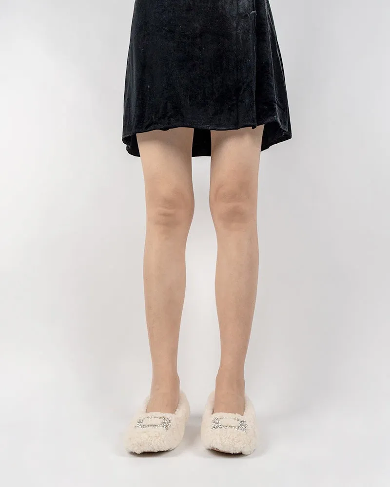 Rhinestone Square Buckle Fuzzy Slip On Slippers Loafers