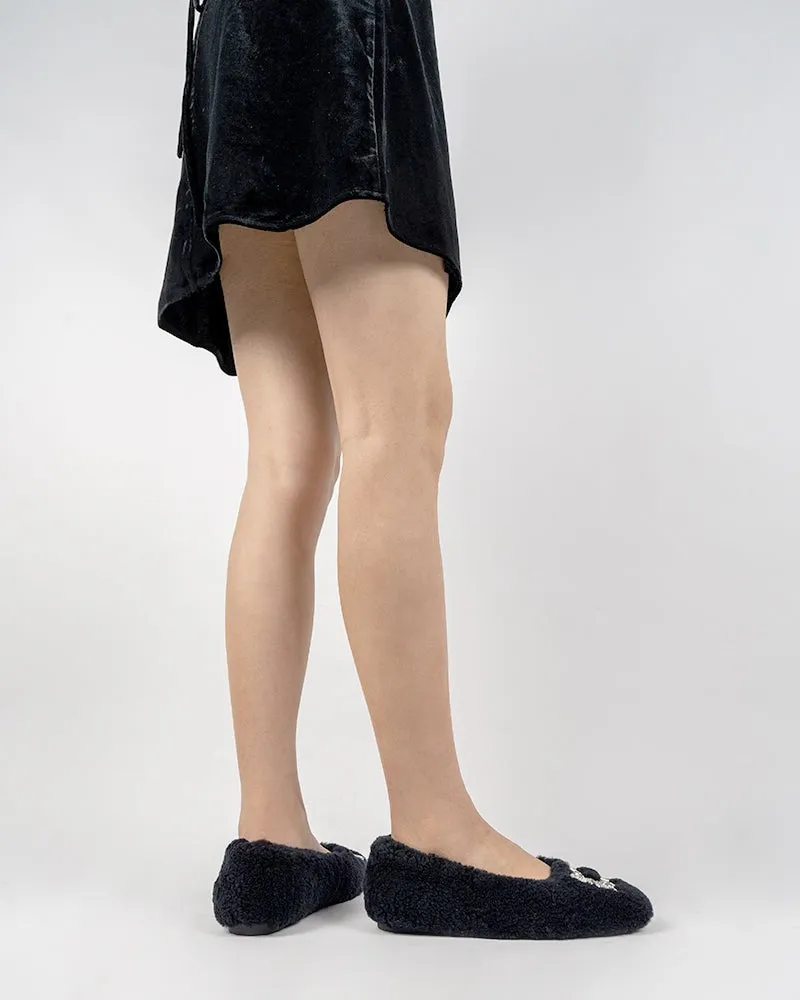 Rhinestone Square Buckle Fuzzy Slip On Slippers Loafers