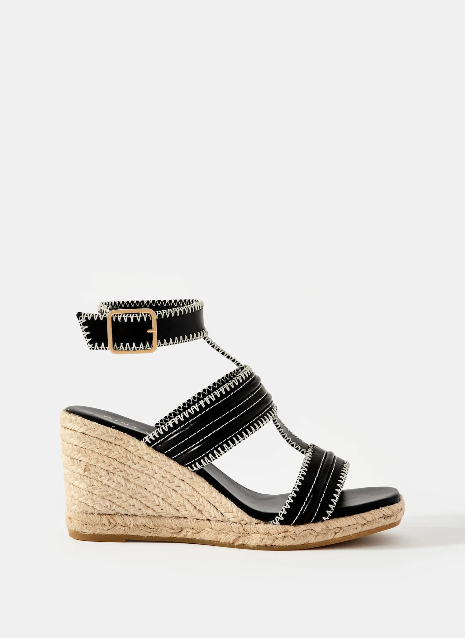 Ria Black Whipstitch Wedge Heels