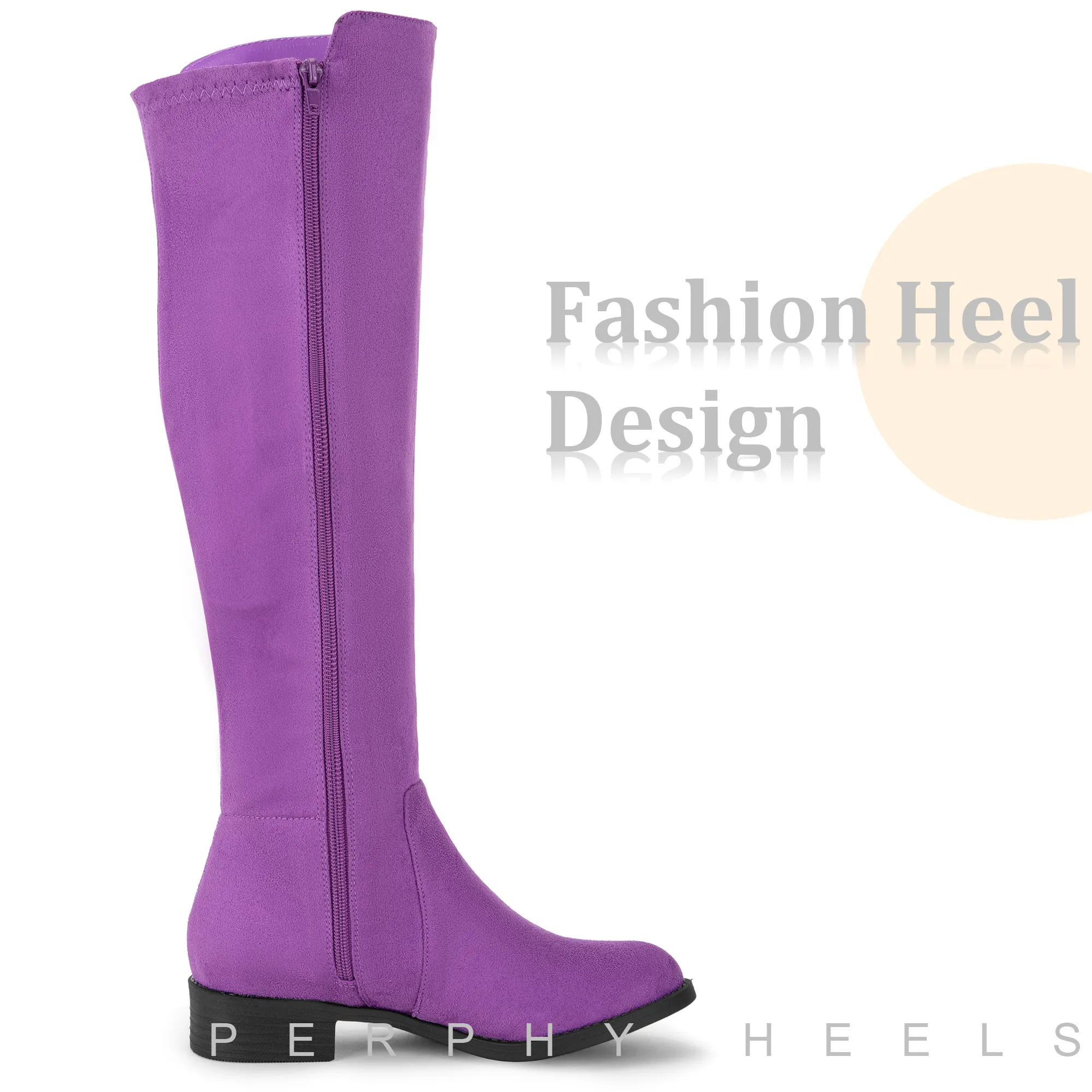 Round Toe Side Zip Chunky Heels Knee High Boots for Women