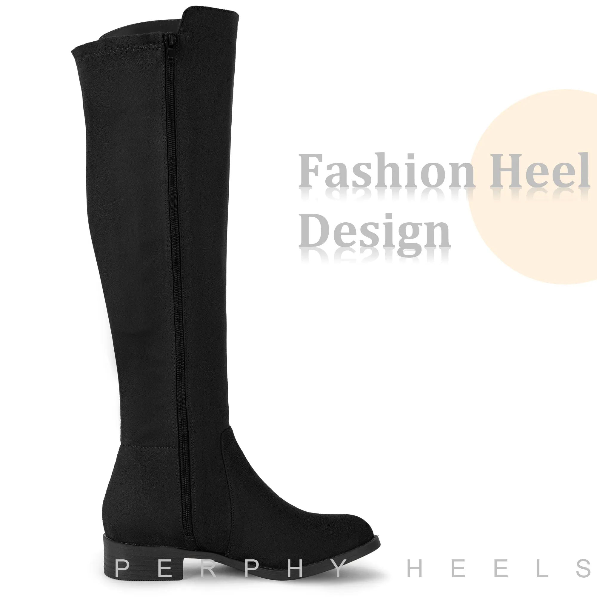 Round Toe Side Zip Chunky Heels Knee High Boots for Women