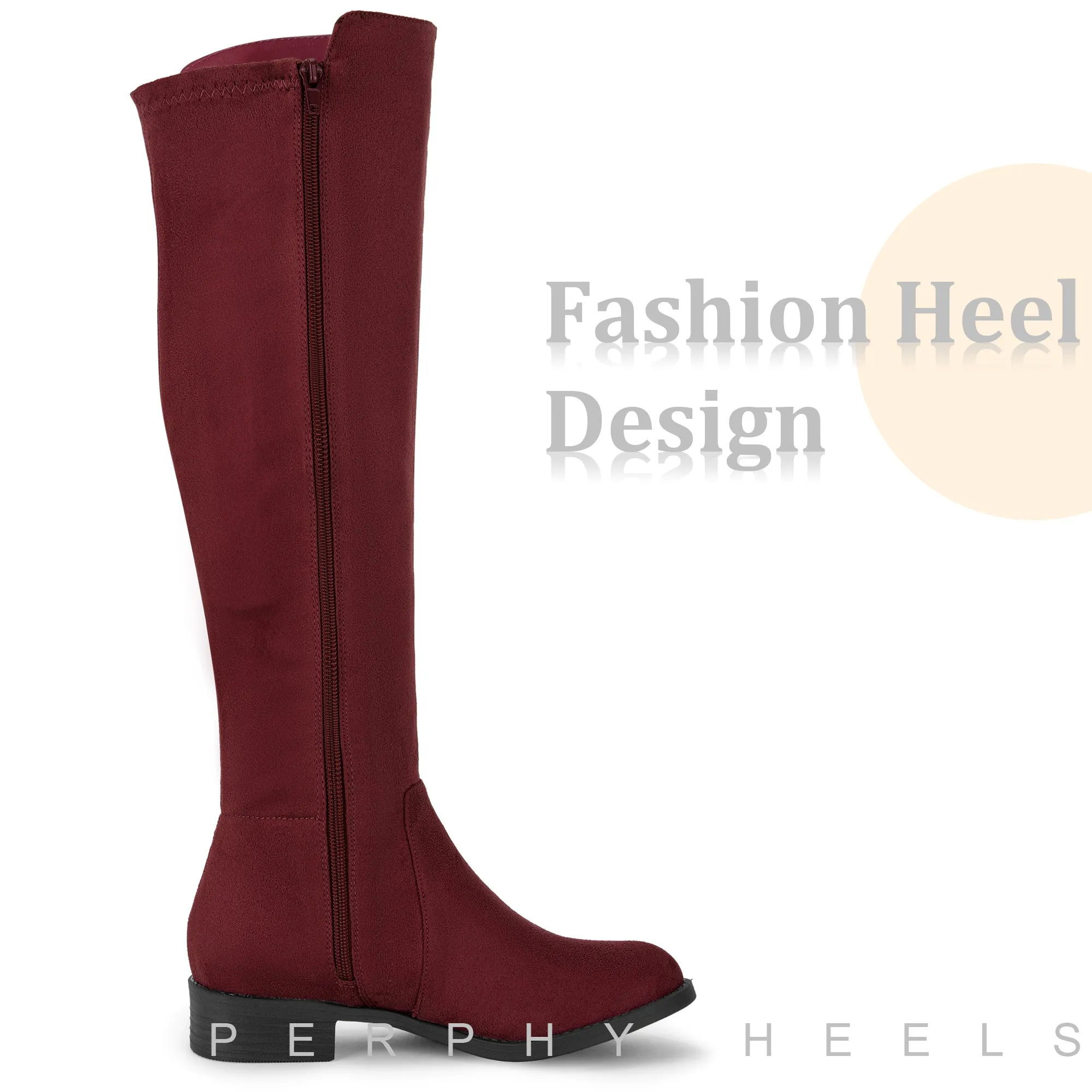 Round Toe Side Zip Chunky Heels Knee High Boots for Women