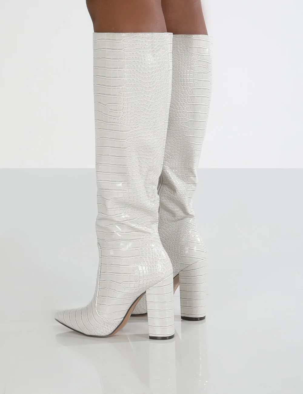 Scarlet Grey Croc Knee High Boots