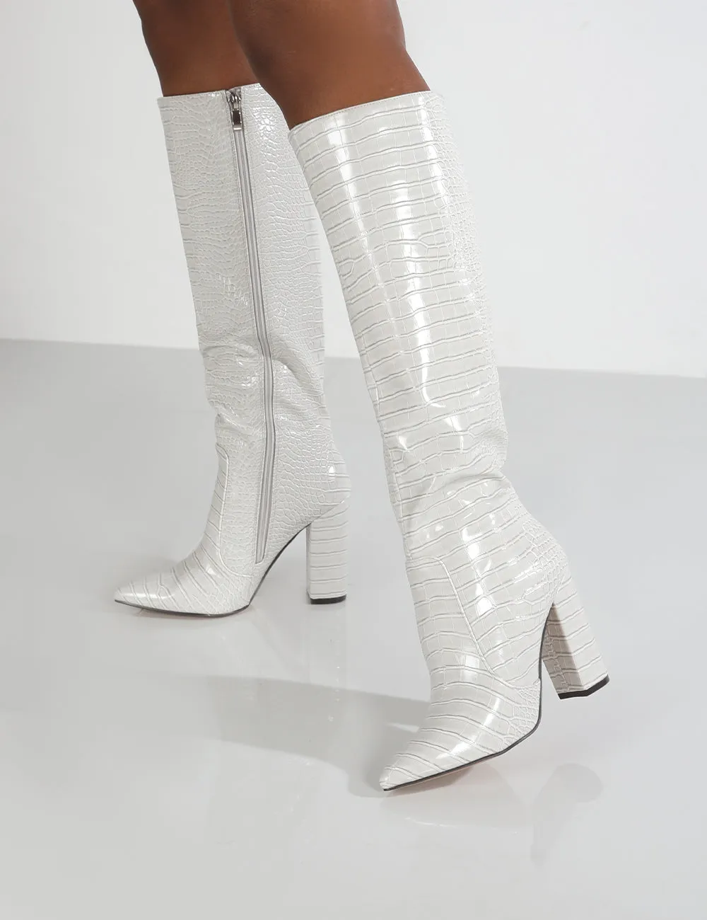 Scarlet Grey Croc Knee High Boots