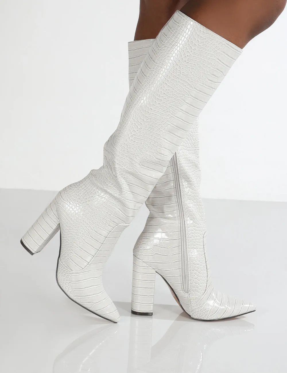 Scarlet Grey Croc Knee High Boots