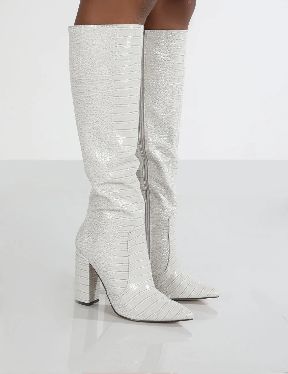 Scarlet Grey Croc Knee High Boots