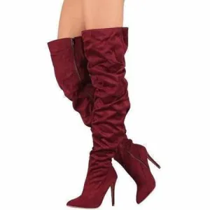 Sexy Maroon Thigh High Zip Faux Suede High Heel Dress Boots